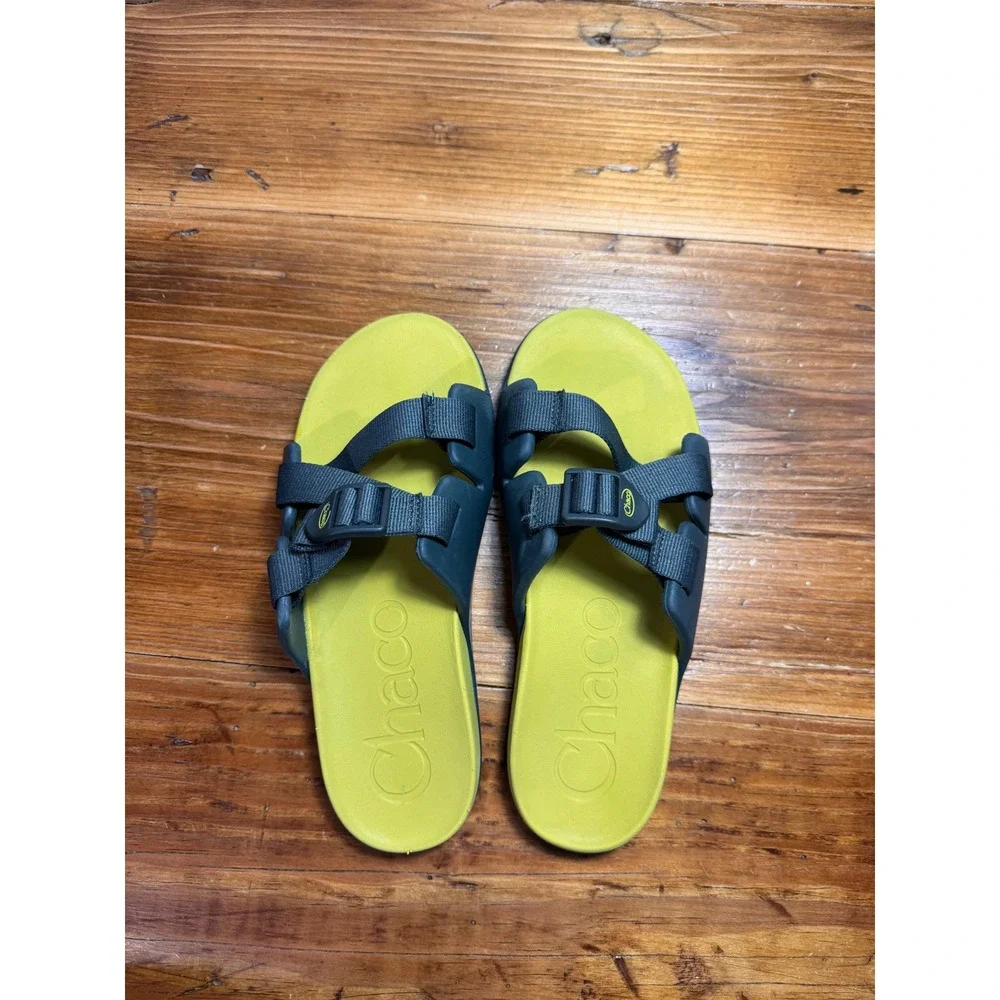 Chaco Chillos Slide Sandals Kids Boys Girls Sz 5 Green Yellow Adjustable Straps